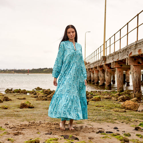 Amara Indigo Bloom Cotton Maxi Dress – side view