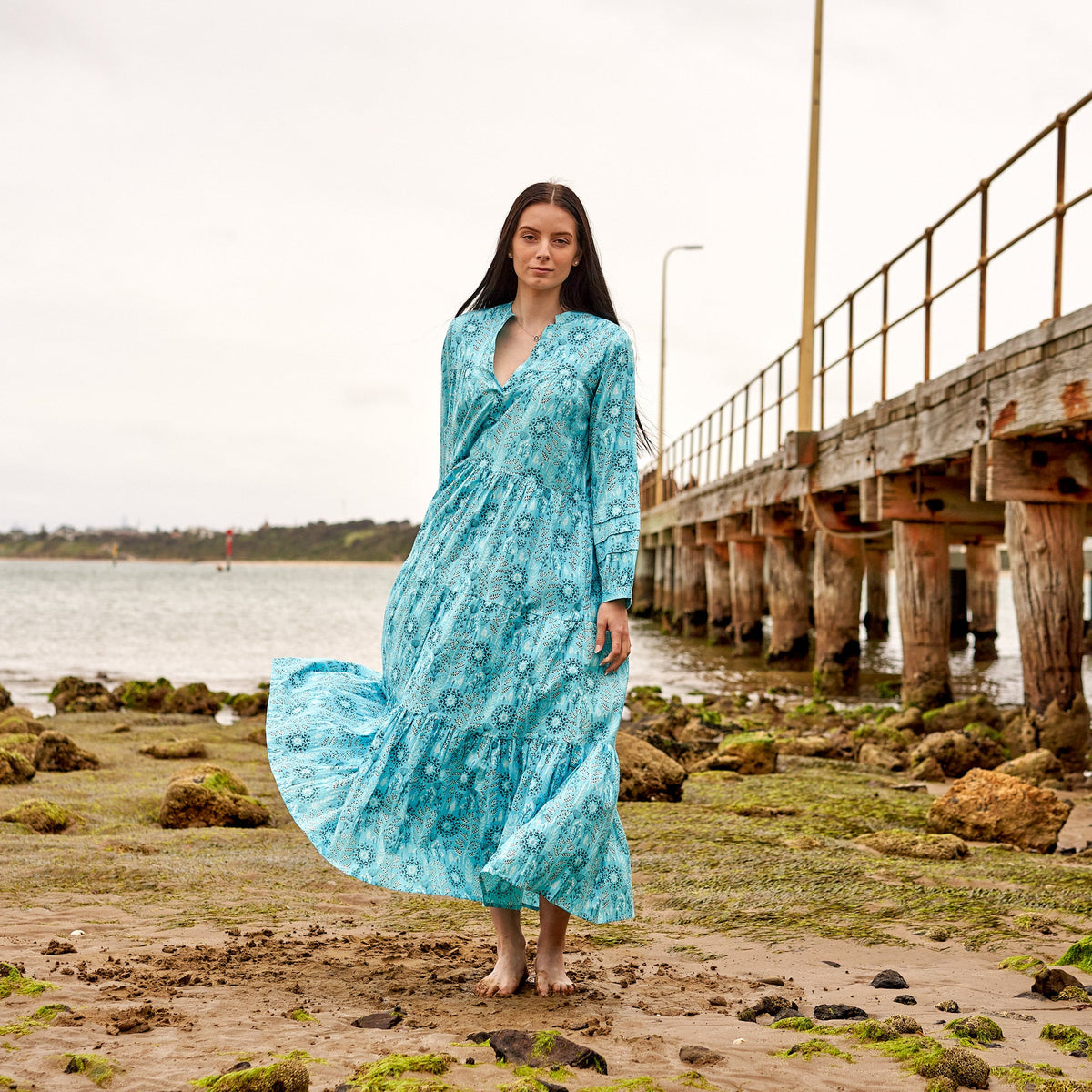 Amara Indigo Bloom Cotton Maxi Dress – front view