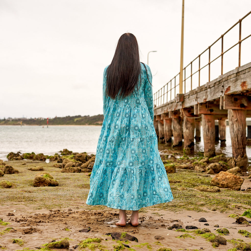 Amara Indigo Bloom Cotton Maxi Dress – back view