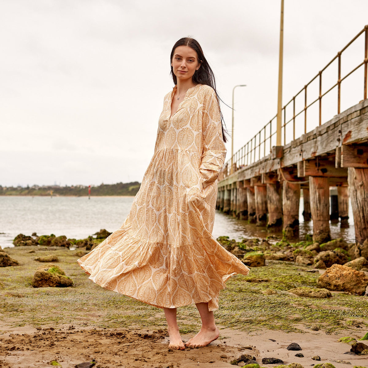 Asha Sand Floral Cotton Long Sleeve Maxi Dress – front view