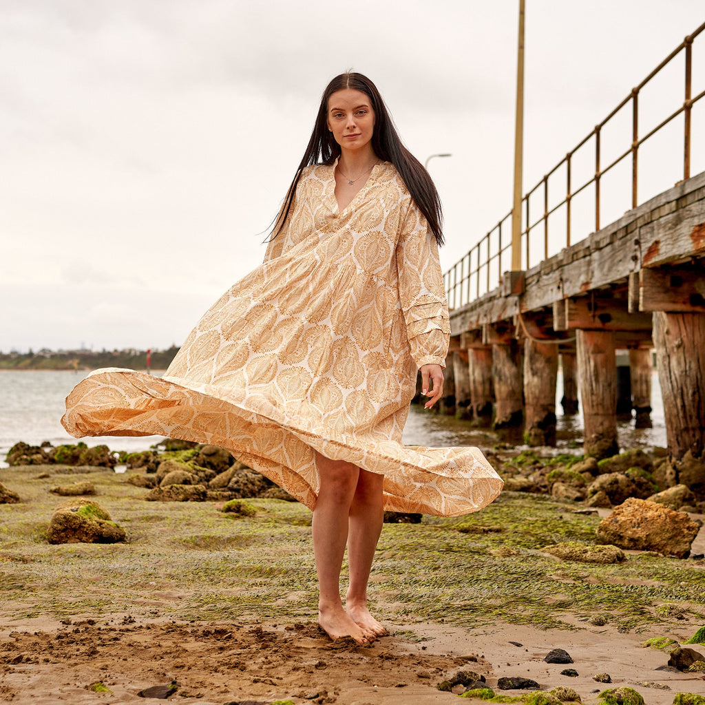 Asha Sand Floral Cotton Long Sleeve Maxi Dress – side view