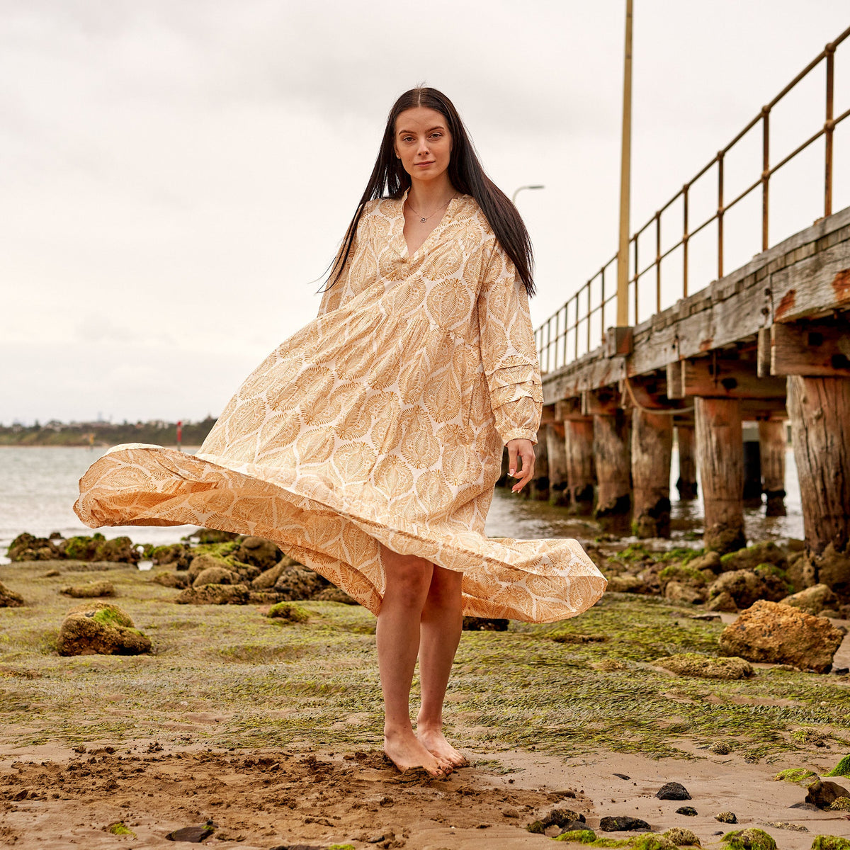 Asha Sand Floral Cotton Long Sleeve Maxi Dress – side view