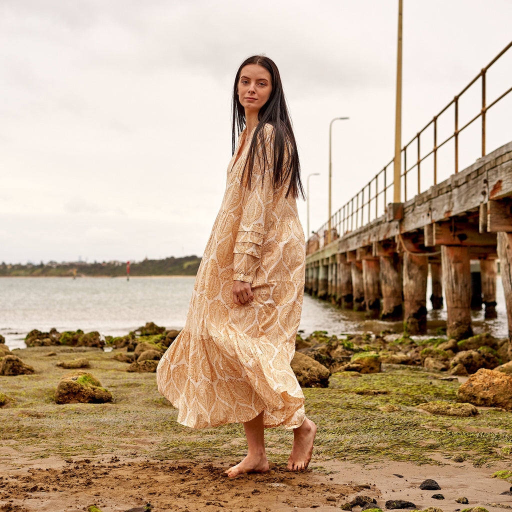 Asha Sand Floral Cotton Long Sleeve Maxi Dress – back view
