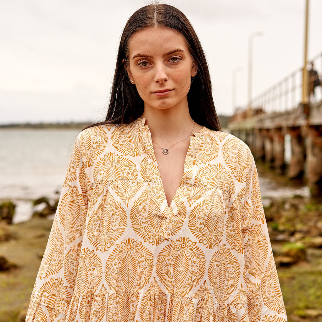 Asha Sand Floral Cotton Long Sleeve Maxi Dress – print detail