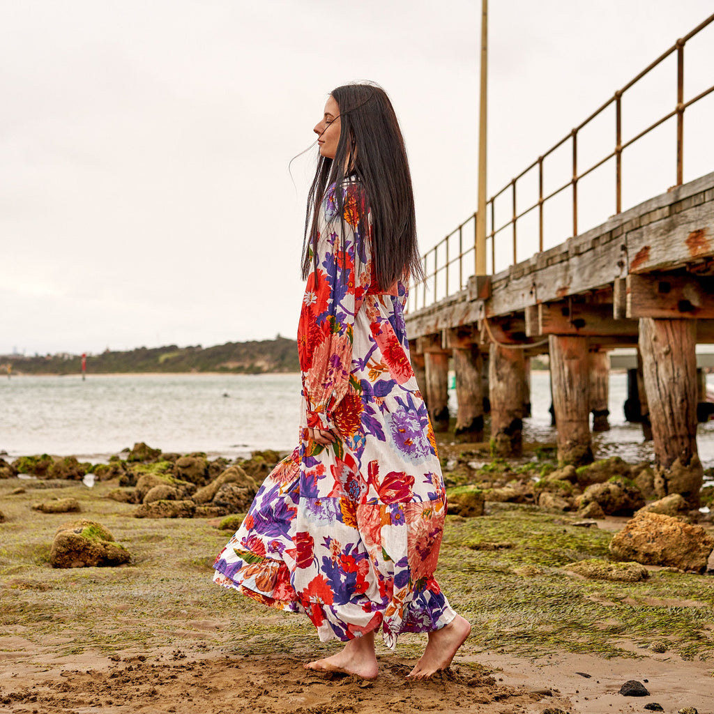 Avani Sunset Garden Cotton Long Sleeve Maxi Dress – side view