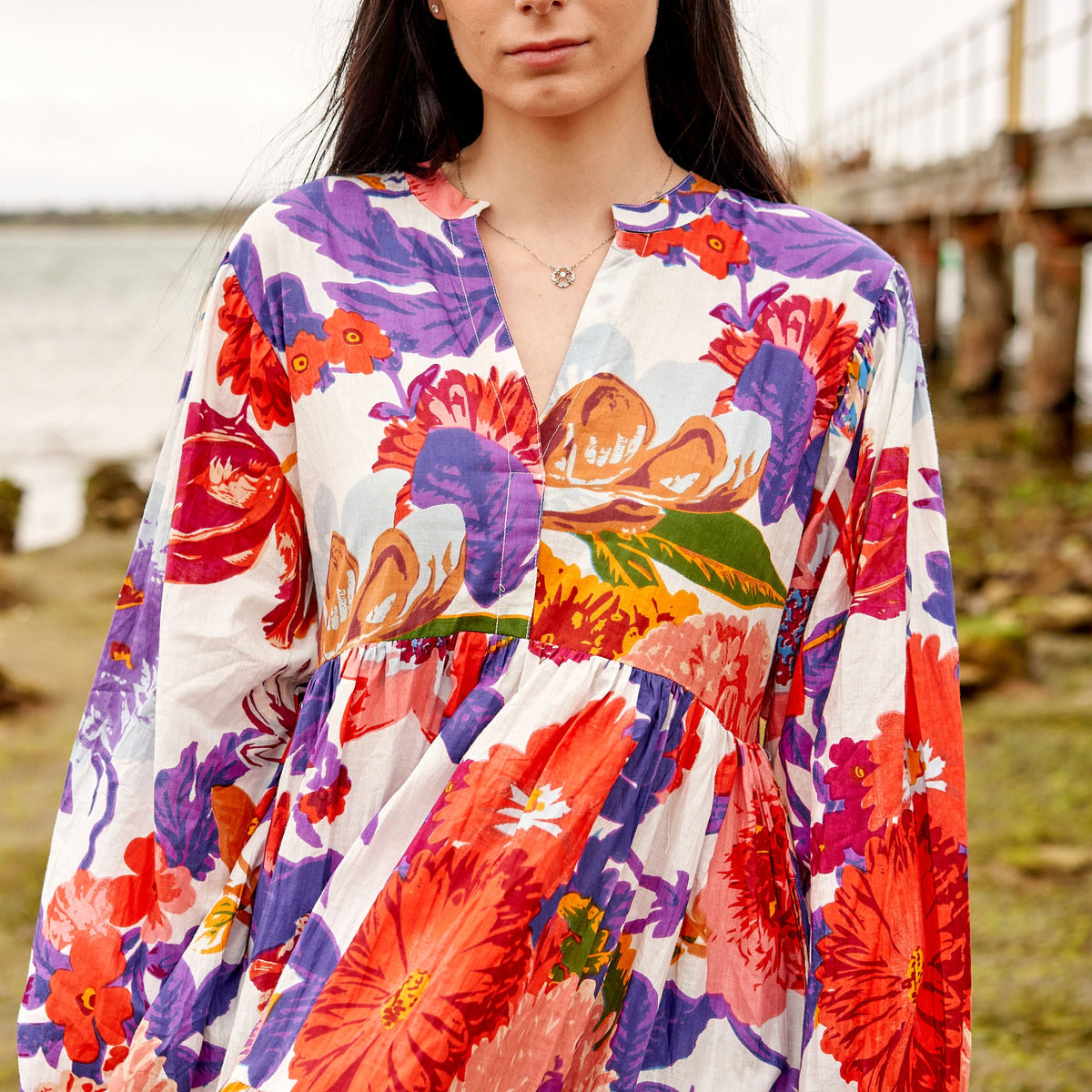 Avani Sunset Garden Cotton Long Sleeve Maxi Dress – back view