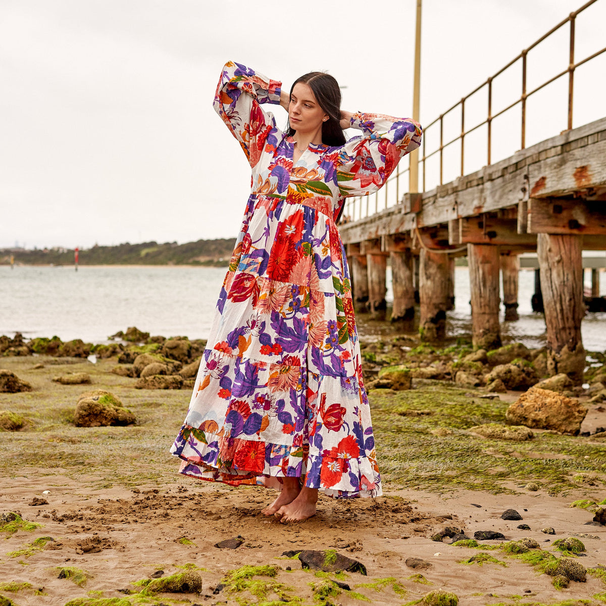 Avani Sunset Garden Cotton Long Sleeve Maxi Dress – front view