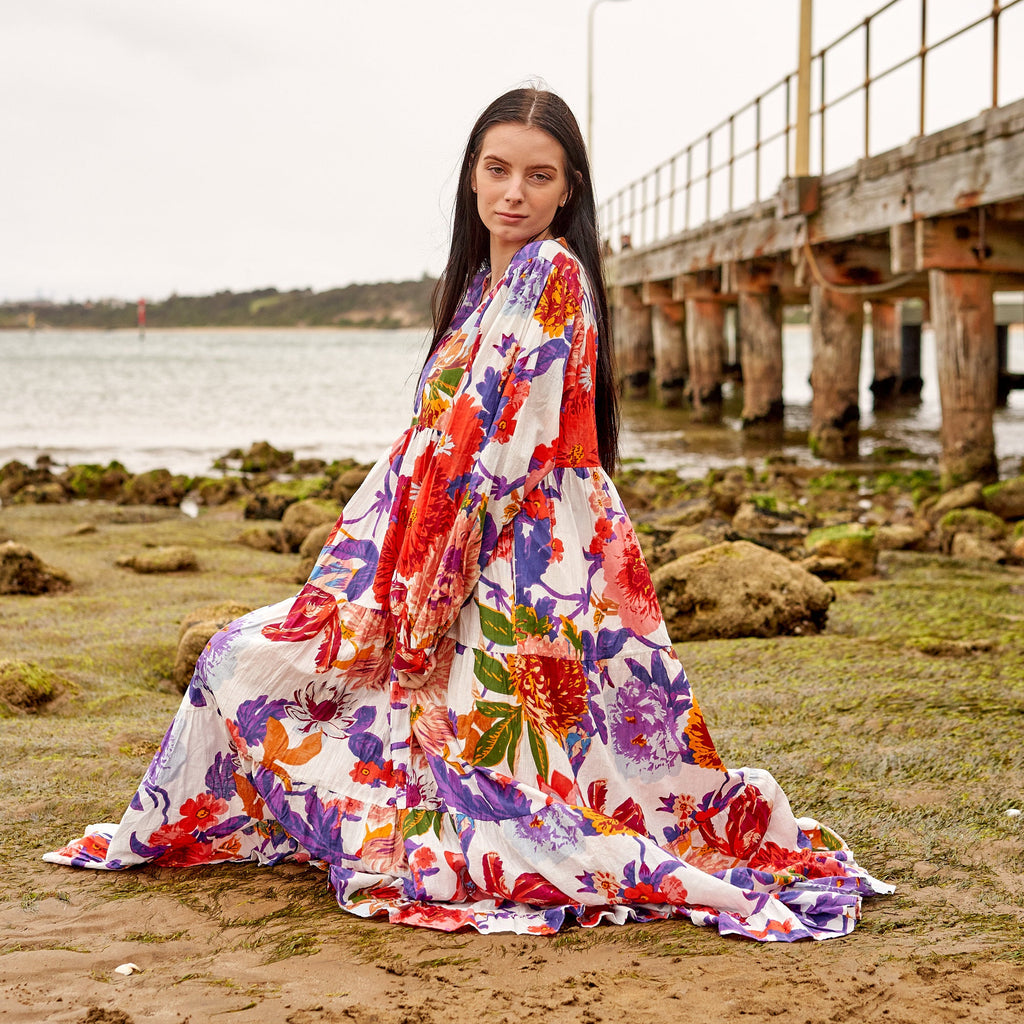 Avani Sunset Garden Cotton Long Sleeve Maxi Dress – print detail