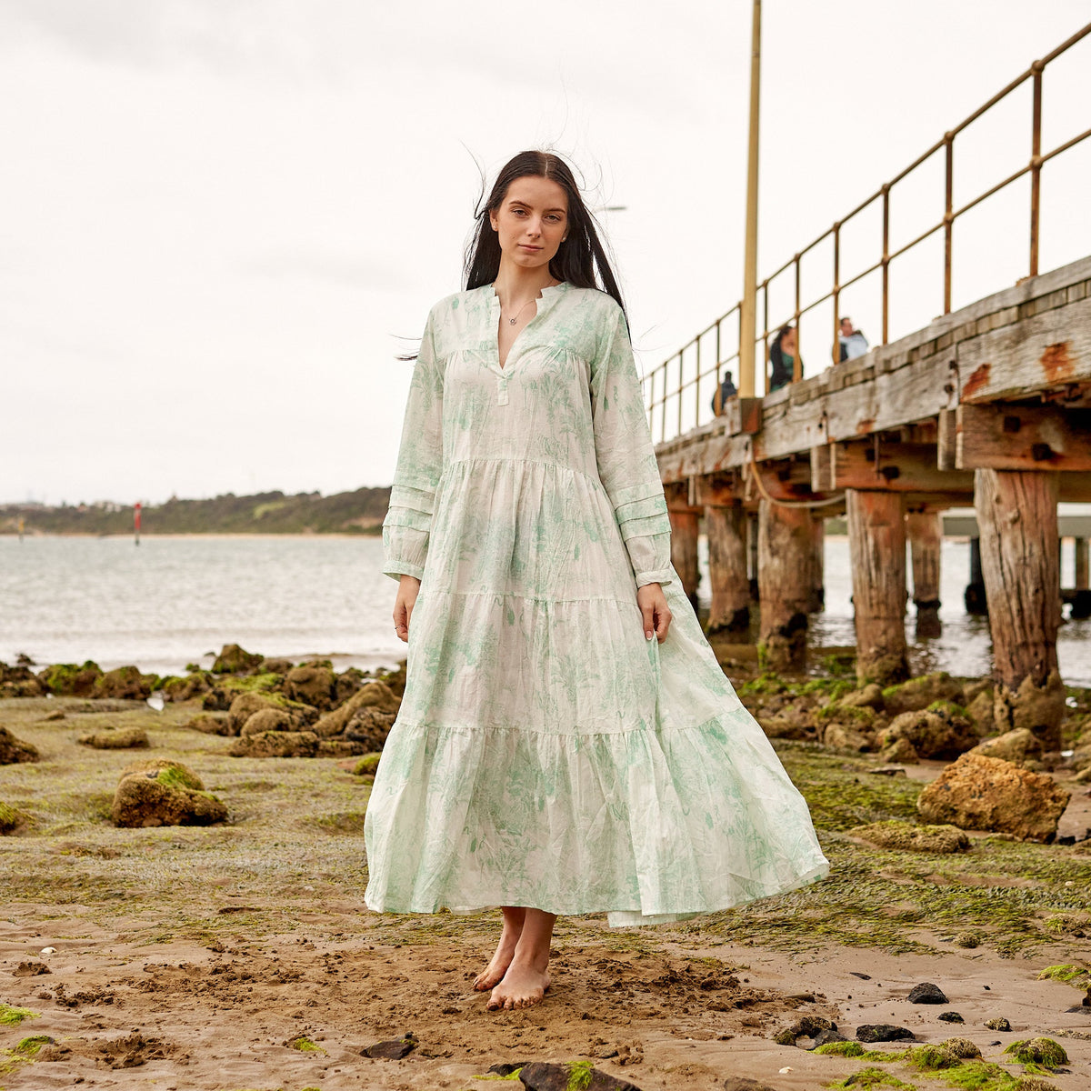 Bela Ivory Floral Cotton Long Sleeve Maxi Dress – front view