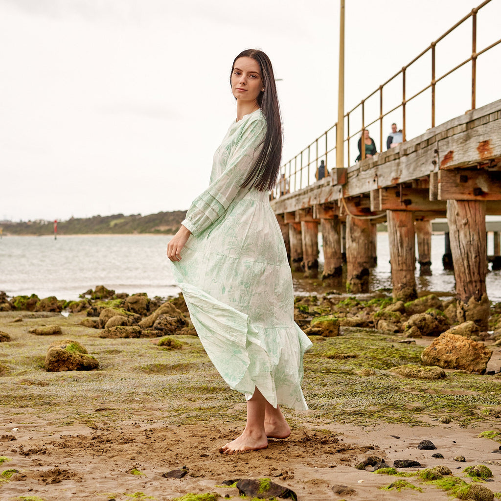 Bela Ivory Floral Cotton Long Sleeve Maxi Dress – print detail