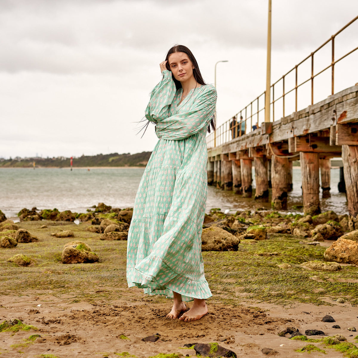 Mahika Mint Floral Cotton Maxi Dress – styled look