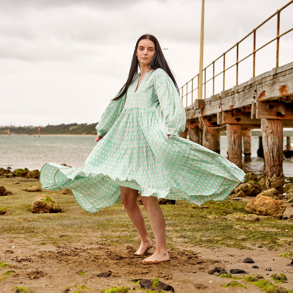 Mahika Mint Floral Cotton Maxi Dress – back view