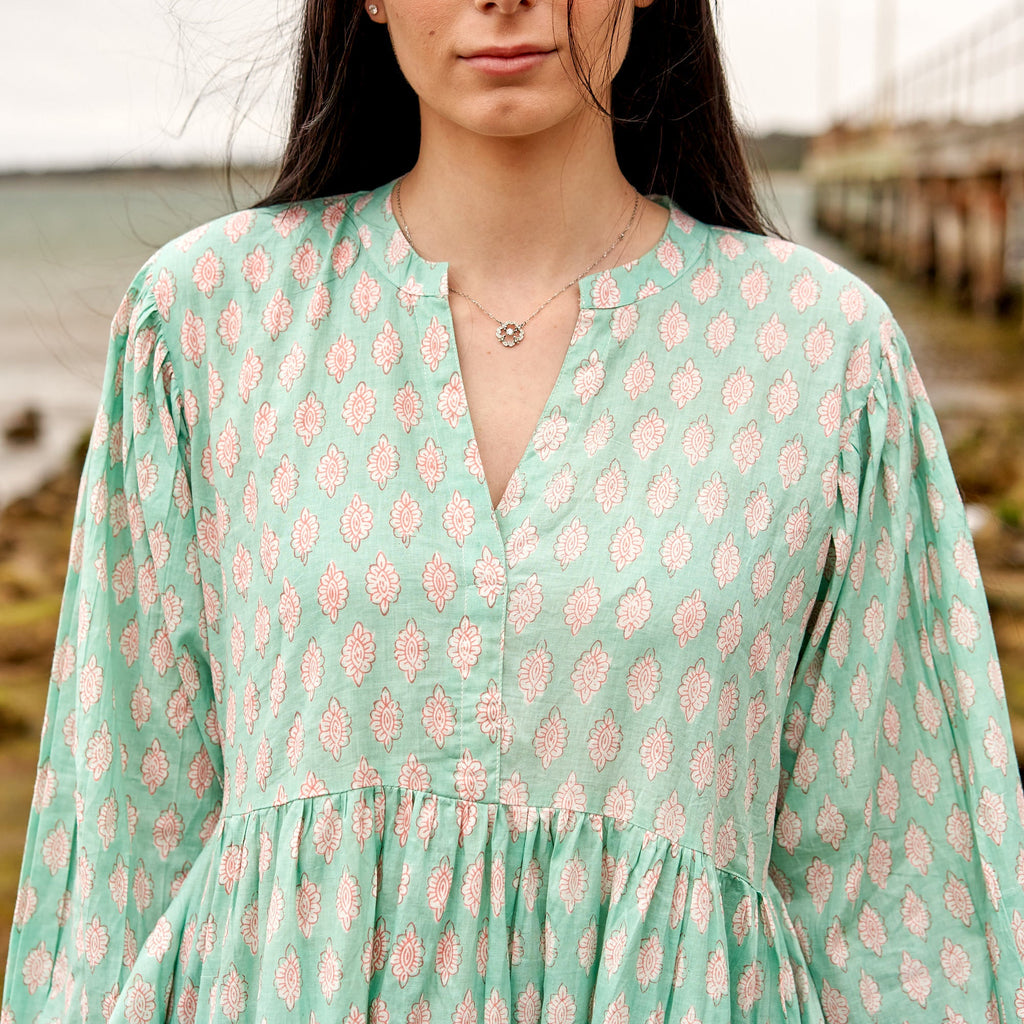 Mahika Mint Floral Cotton Maxi Dress – print detail