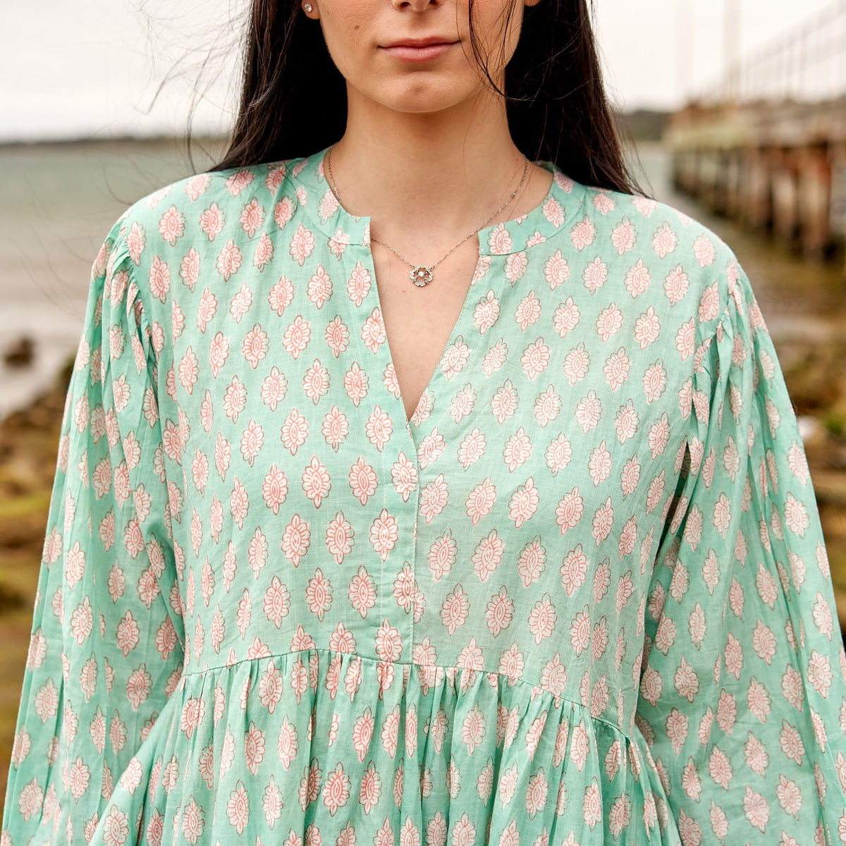 Mahika Mint Floral Cotton Maxi Dress – print detail