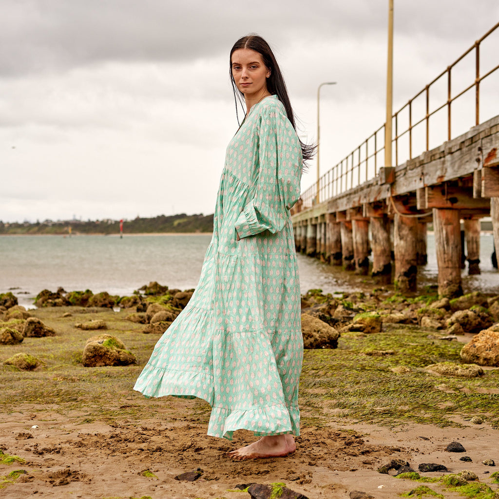 Mahika Mint Floral Cotton Maxi Dress – side view