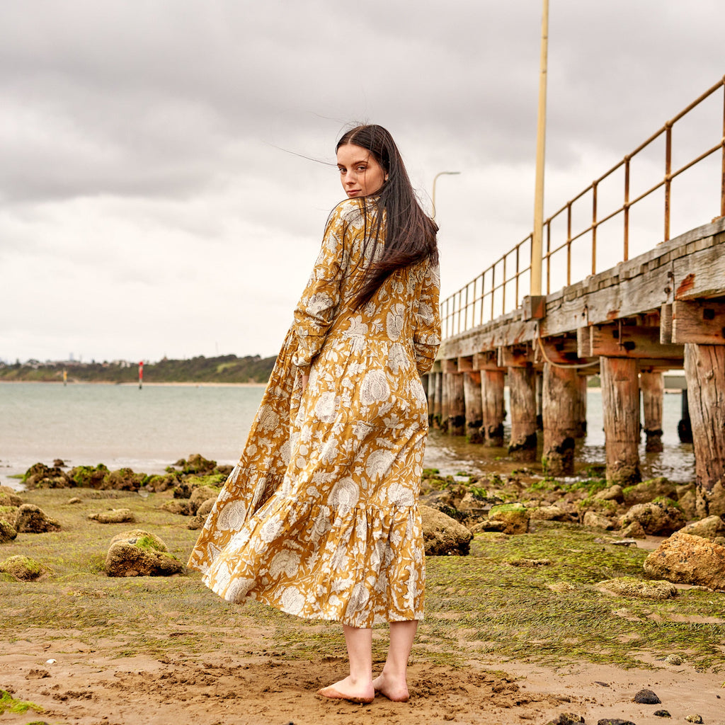 Chandni Golden Garden Cotton Long Sleeve Maxi Dress – print detail
