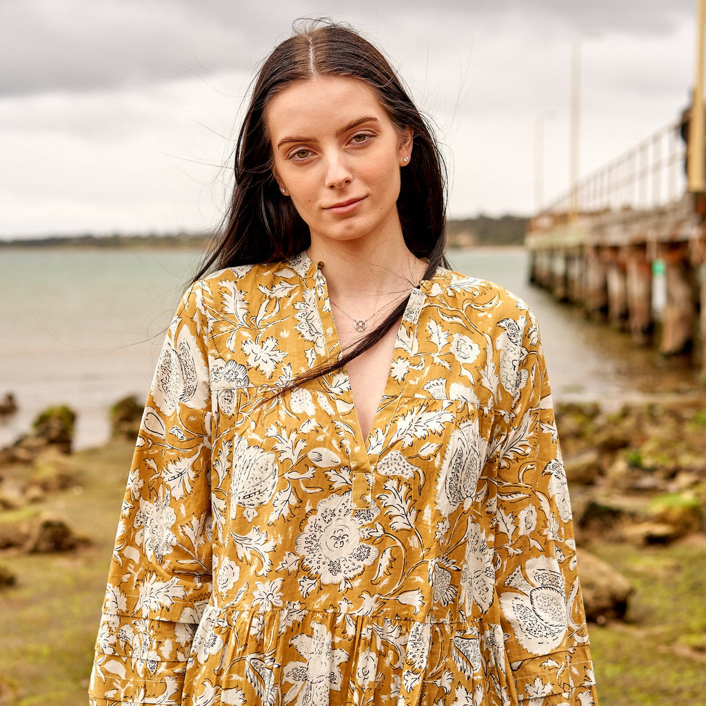 Chandni Golden Garden Cotton Long Sleeve Maxi Dress – side view
