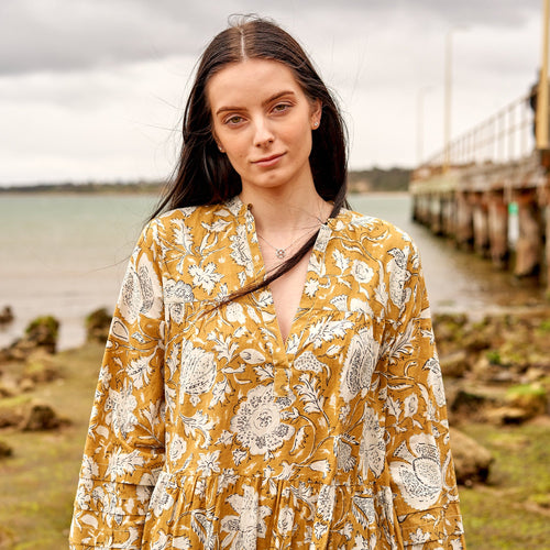 Chandni Golden Garden Cotton Long Sleeve Maxi Dress – side view