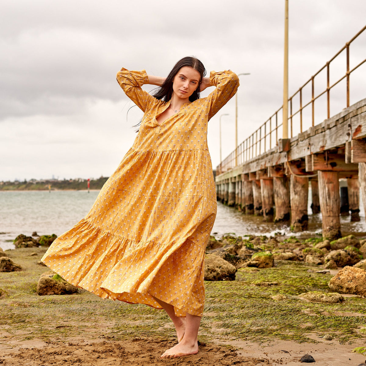 Charu Mustard Floral Cotton Long Sleeve Maxi Dress – front view