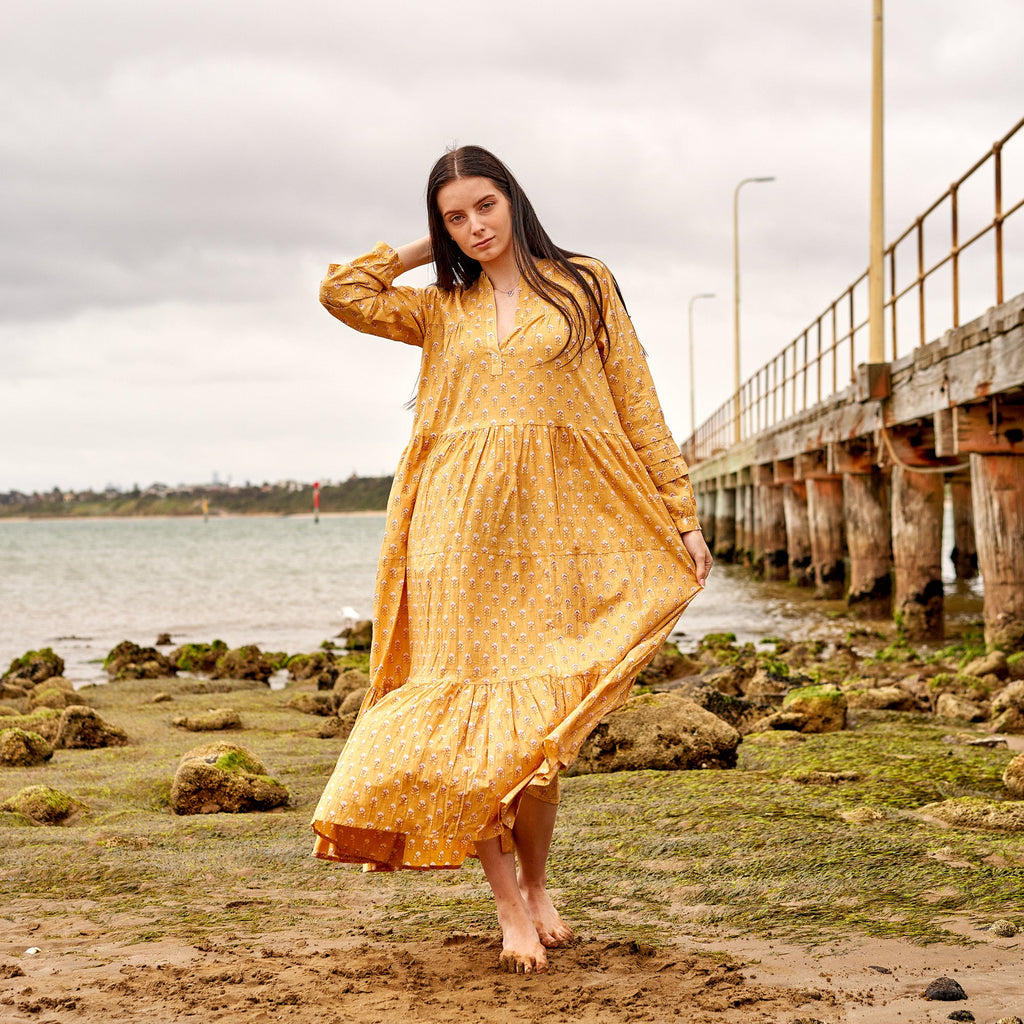 Charu Mustard Floral Cotton Long Sleeve Maxi Dress – print detail