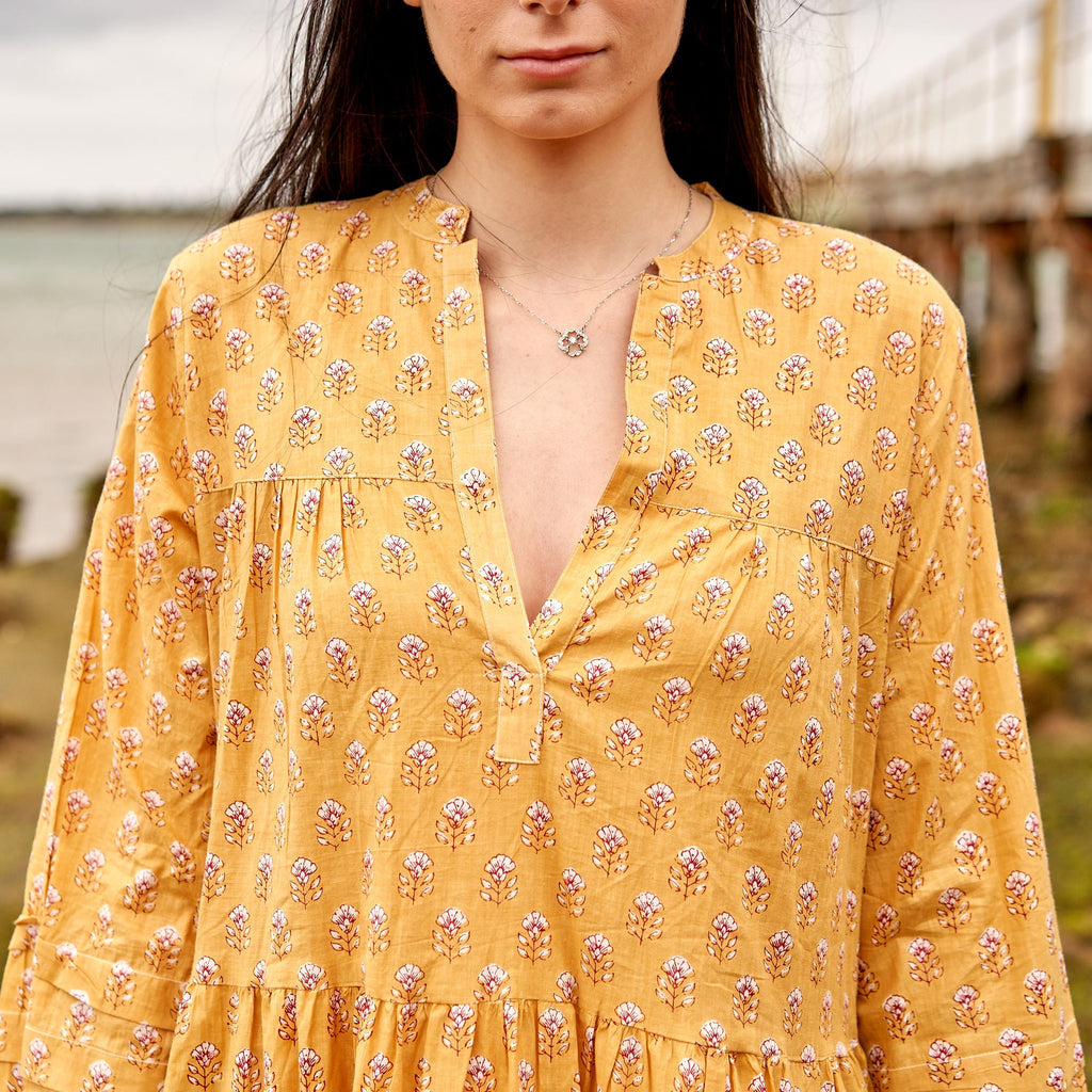 Charu Mustard Floral Cotton Long Sleeve Maxi Dress – side view