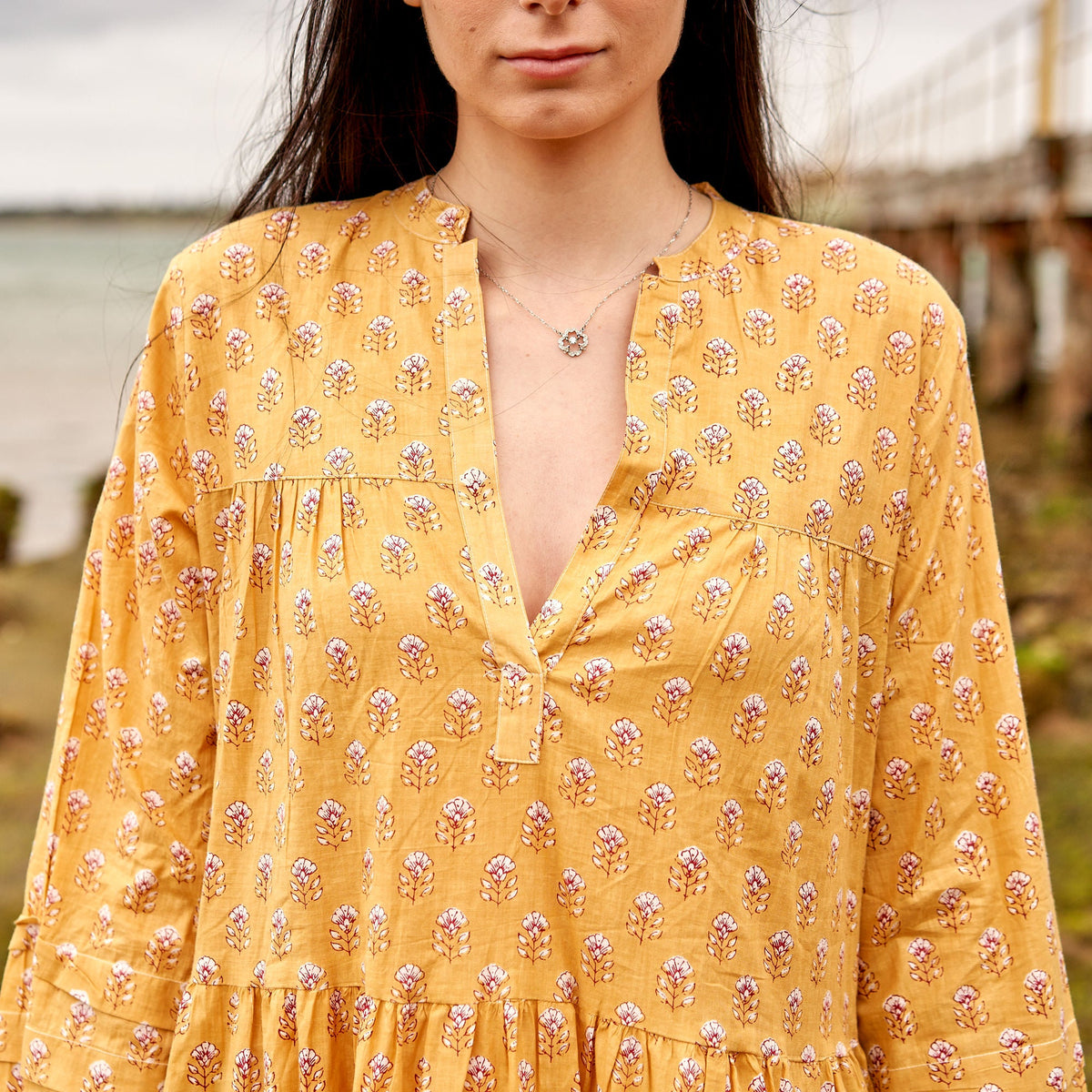 Charu Mustard Floral Cotton Long Sleeve Maxi Dress – side view