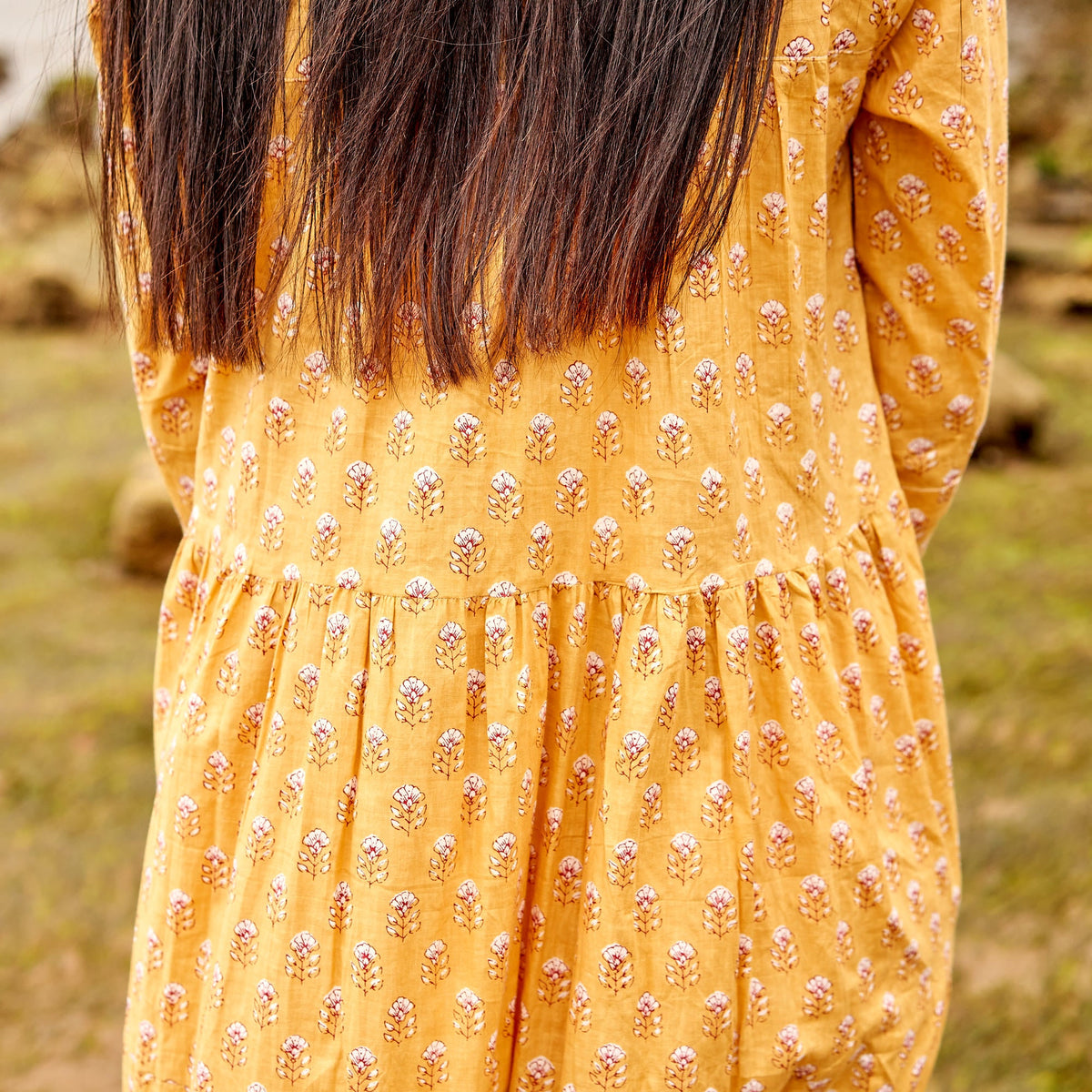 Charu Mustard Floral Cotton Long Sleeve Maxi Dress – back view