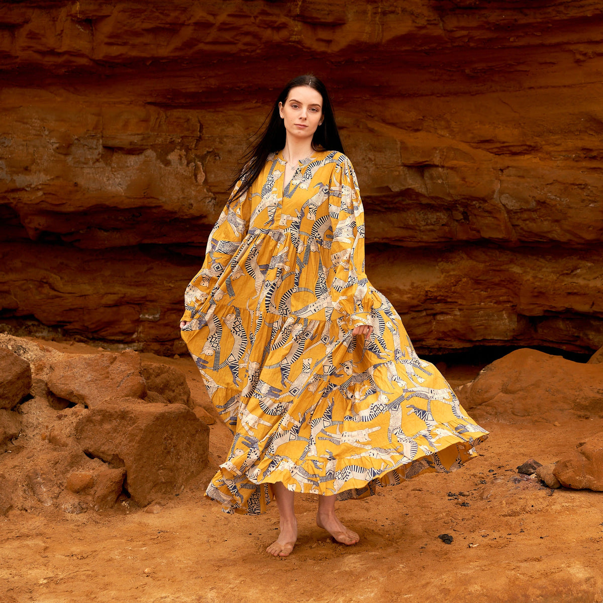 Devika Mustard Aztec Cotton Maxi Dress – front view