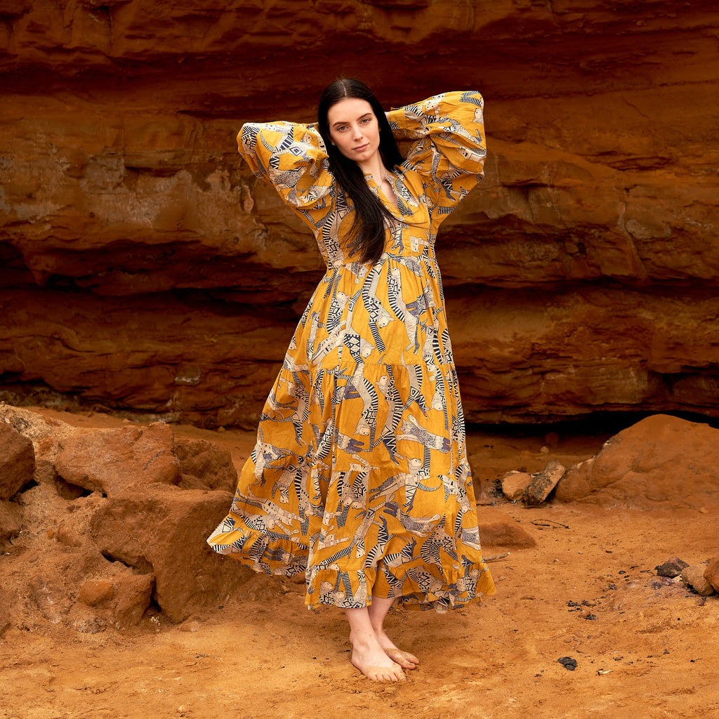 Devika Mustard Aztec Cotton Maxi Dress – print detail