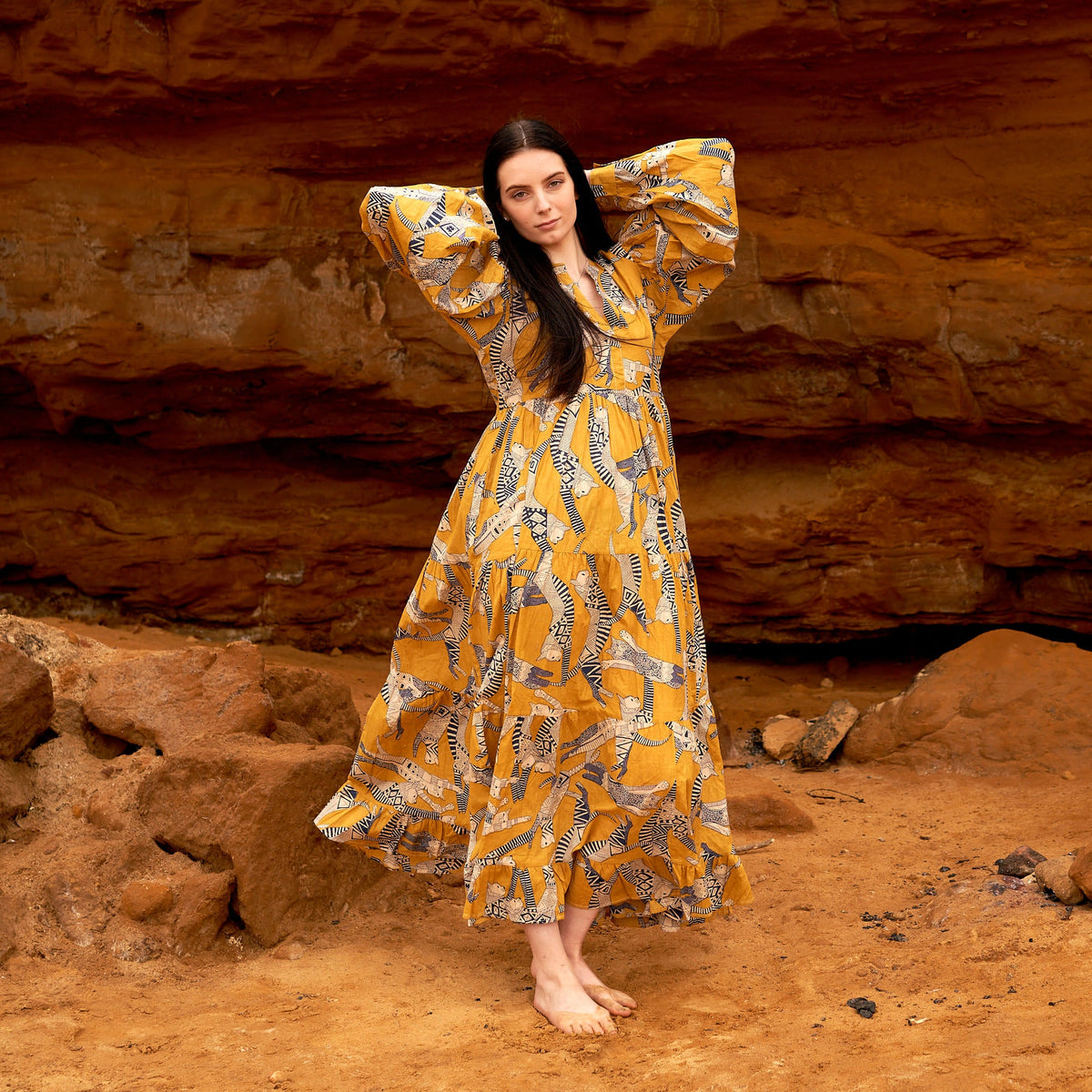 Devika Mustard Aztec Cotton Maxi Dress – print detail
