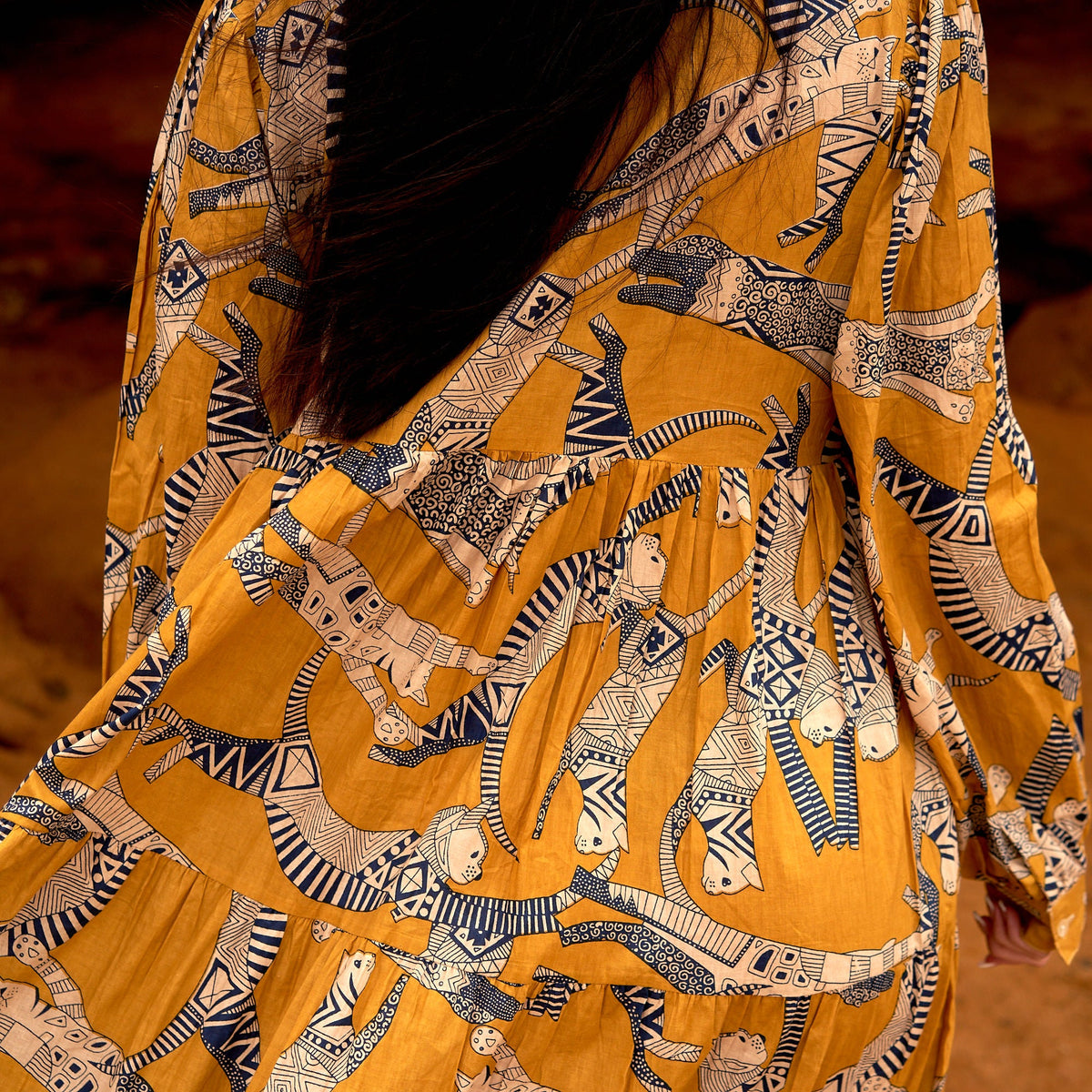 Devika Mustard Aztec Cotton Maxi Dress – back view