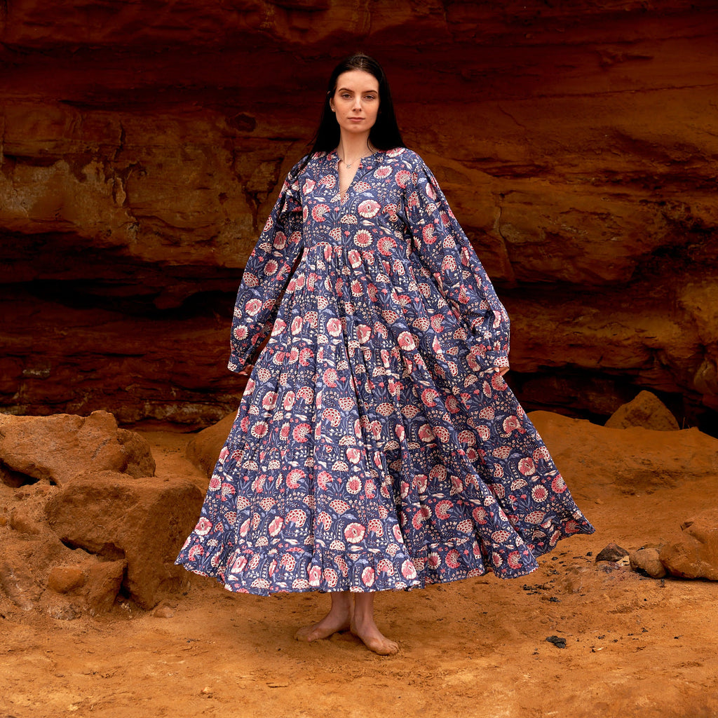 Mallika Peach & Blue Floral Cotton Maxi Dress – print detail