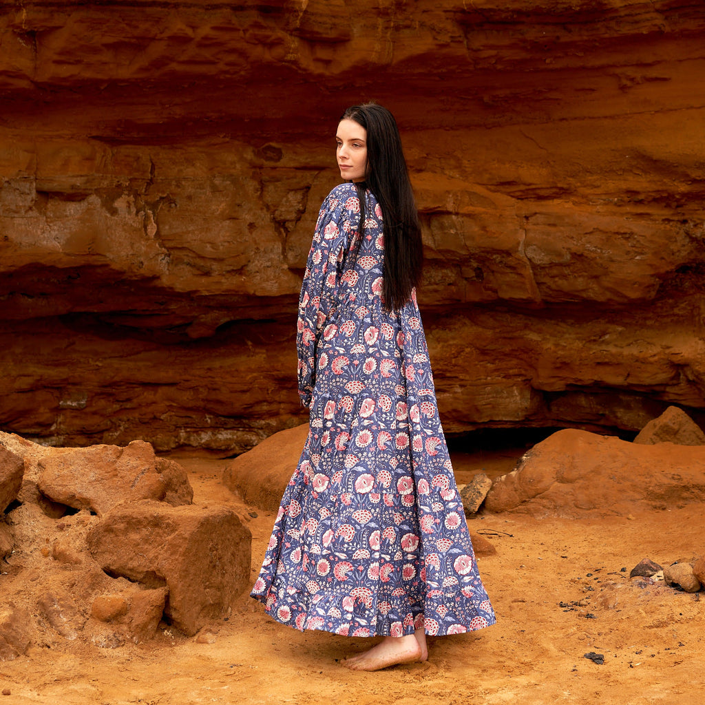 Mallika Peach & Blue Floral Cotton Maxi Dress – front view