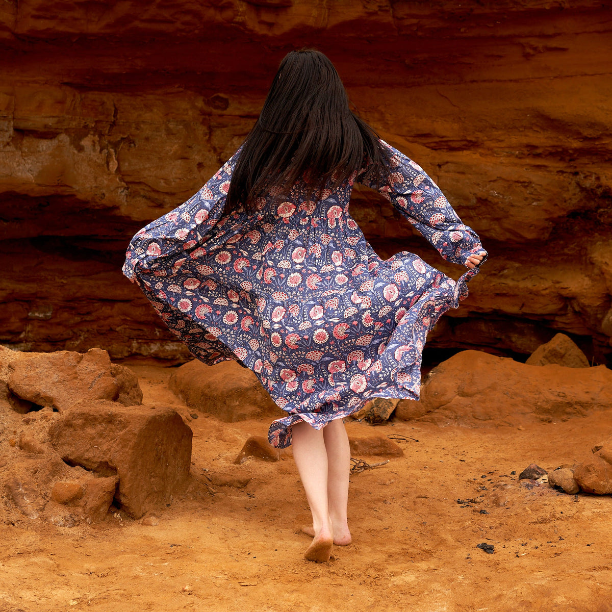 Mallika Peach & Blue Floral Cotton Maxi Dress – side view