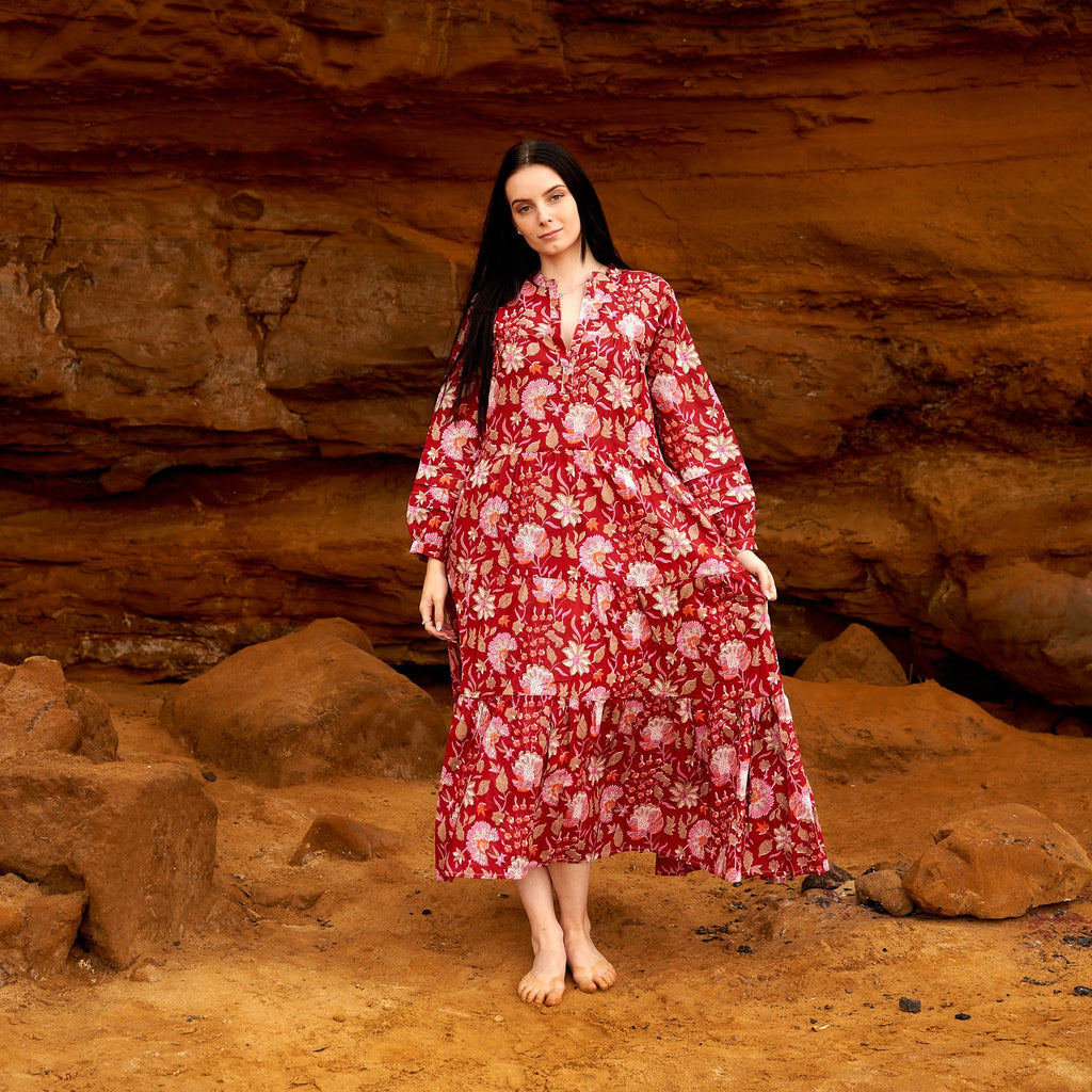 Aanya Red Blossom Cotton Long Sleeve Maxi Dress – side view