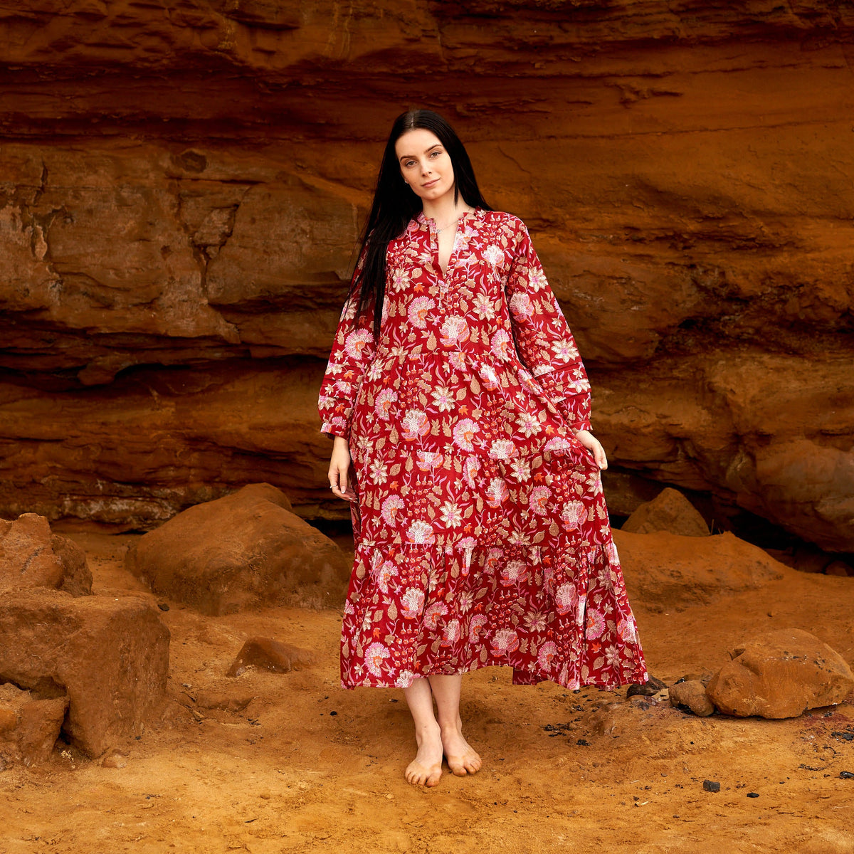 Aanya Red Blossom Cotton Long Sleeve Maxi Dress – side view