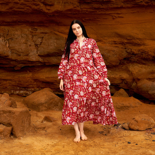 Aanya Red Blossom Cotton Long Sleeve Maxi Dress – side view