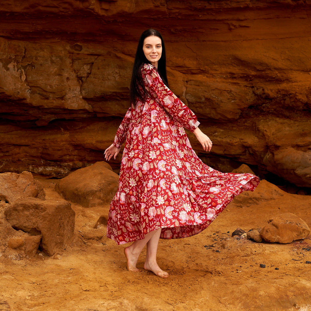 Aanya Red Blossom Cotton Long Sleeve Maxi Dress – back view