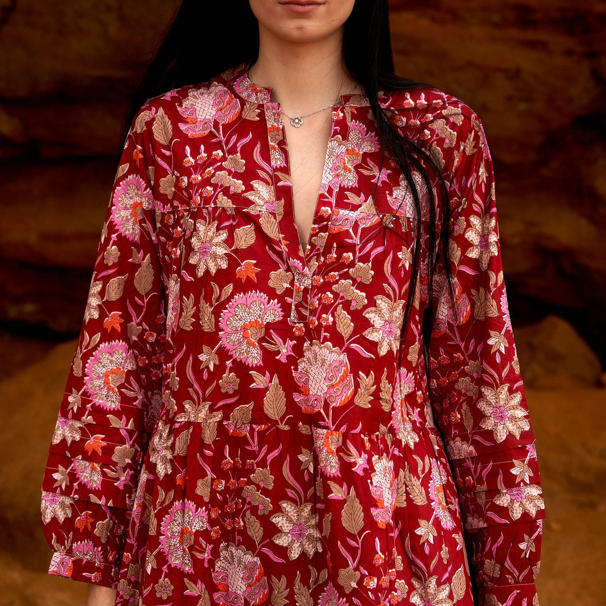 Aanya Red Blossom Cotton Long Sleeve Maxi Dress – print detail