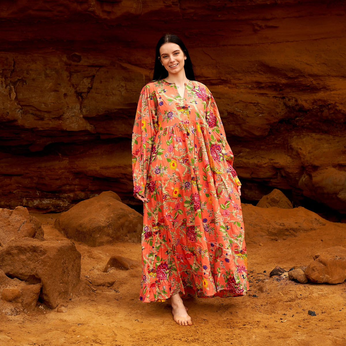 Esha Citrine Floral Cotton Maxi Dress – front view