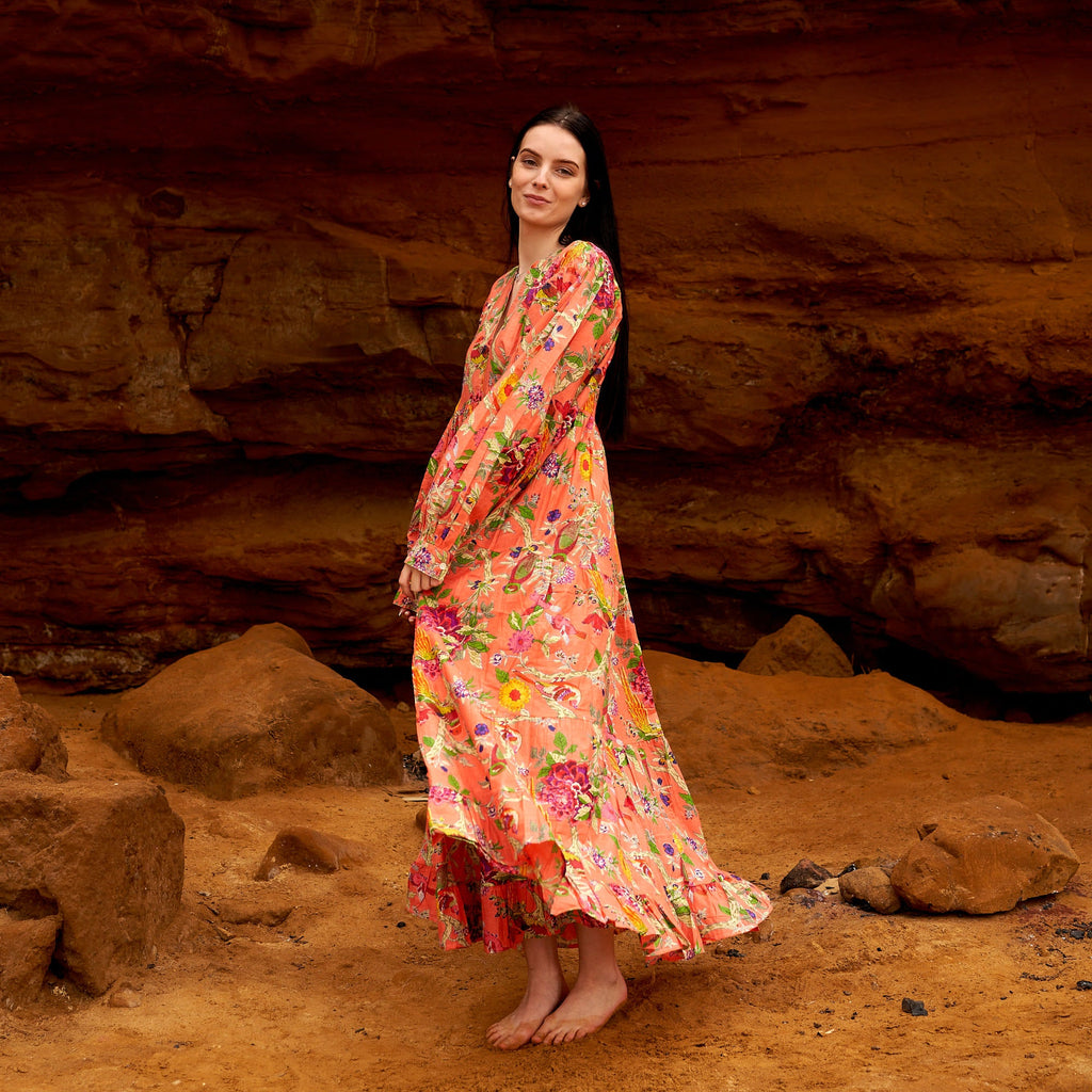 Esha Citrine Floral Cotton Maxi Dress – print detail