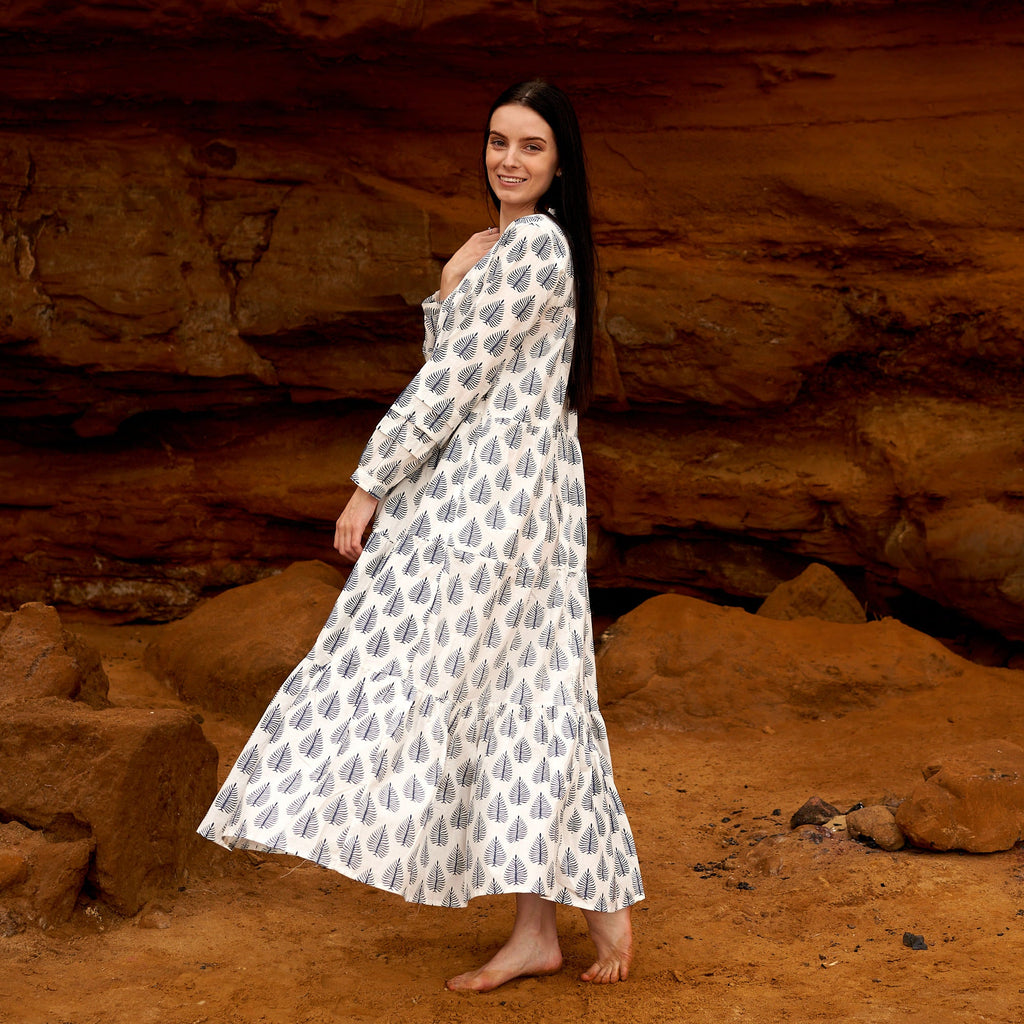 Malini Azure Leaf Cotton Maxi Dress – front view