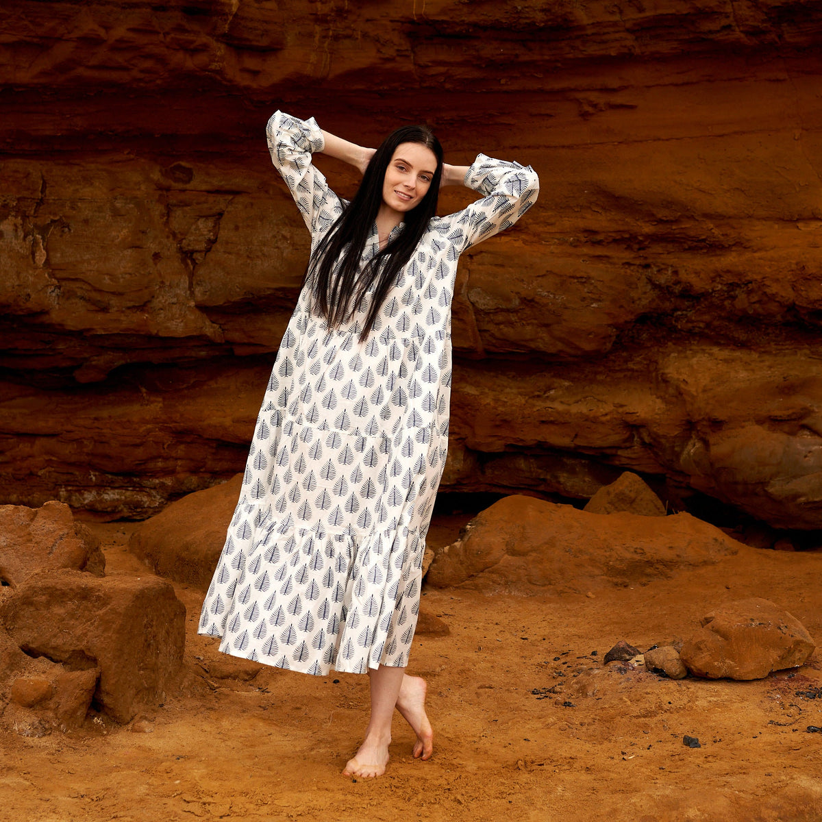 Malini Azure Leaf Cotton Maxi Dress – side view