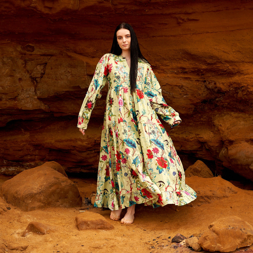 Gauri Green Botanical Cotton Long Sleeve Maxi Dress – print detail