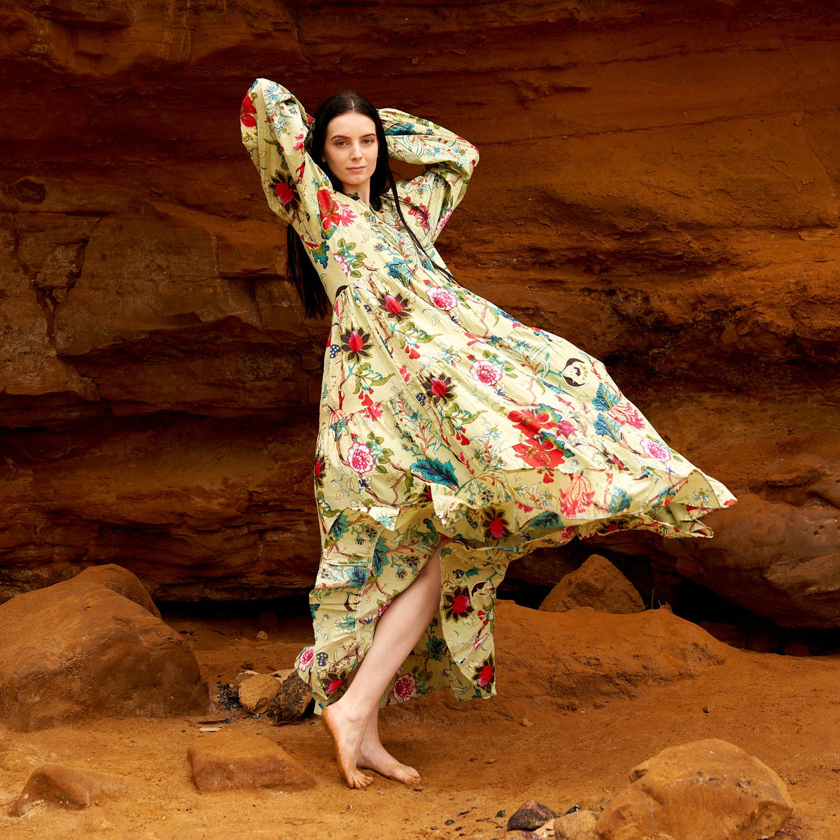 Gauri Green Botanical Cotton Long Sleeve Maxi Dress – side view