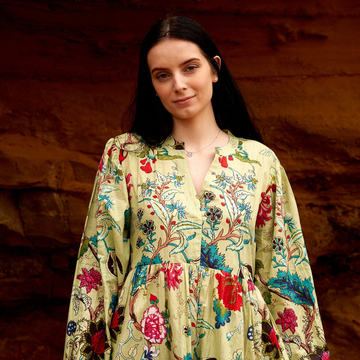 Gauri Green Botanical Cotton Long Sleeve Maxi Dress – back view