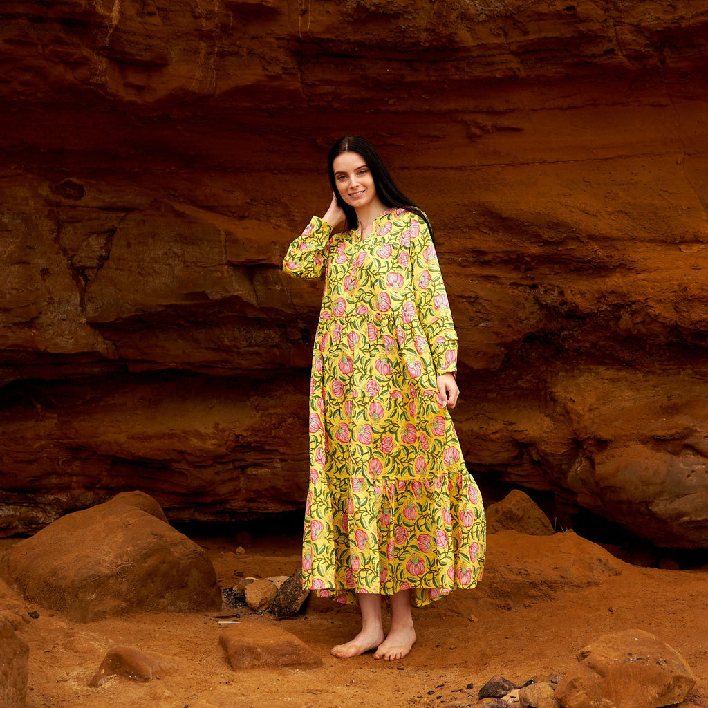 Ila Marigold Floral Cotton Maxi Dress – print detail