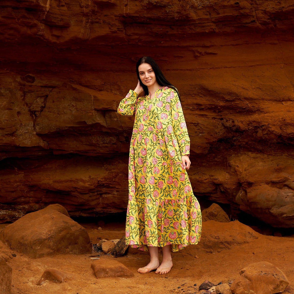 Ila Marigold Floral Cotton Maxi Dress – print detail