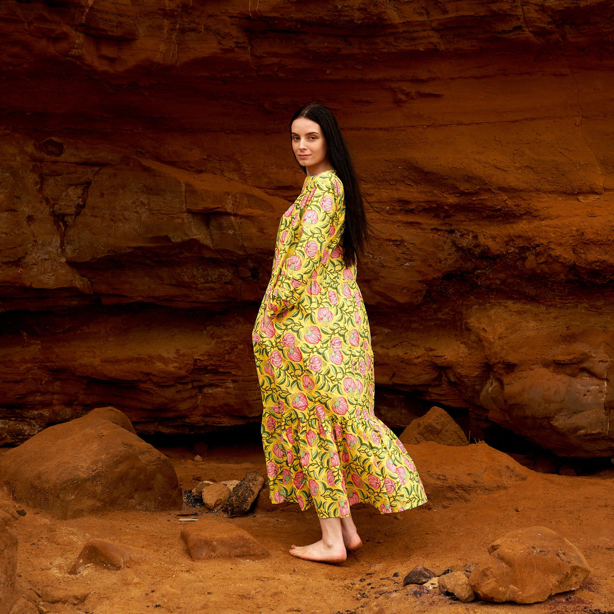 Ila Marigold Floral Cotton Maxi Dress – side view