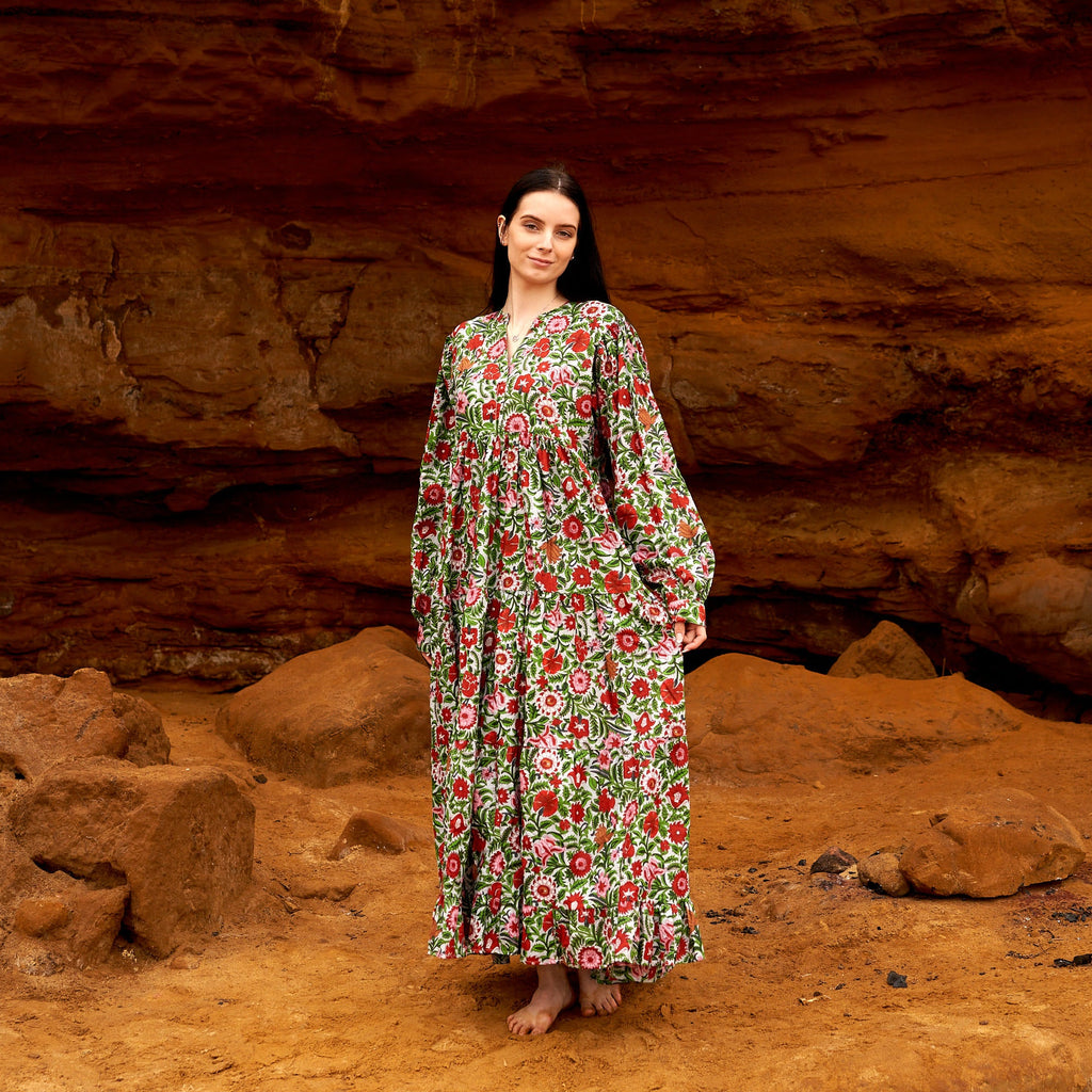 Ishani Vermilion Floral Cotton Maxi Dress – front view